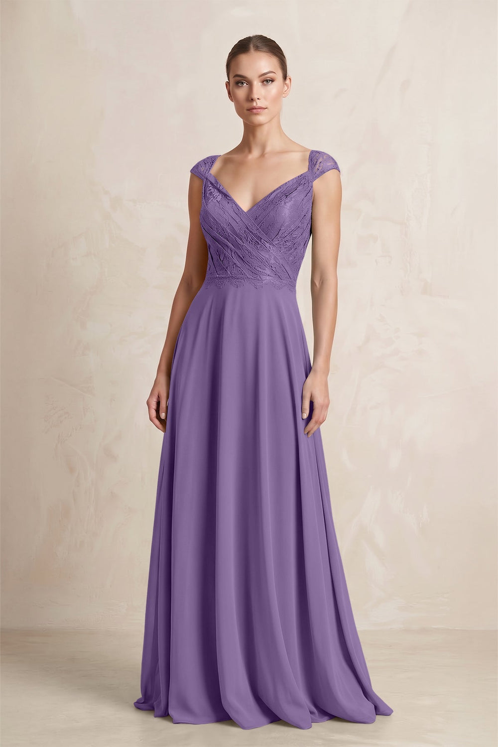 A - Line Chiffon V - Neck Pleated Bridesmaid Dress with Cap Sleeves in Tahiti - KissProm Bridesmaid Dresses
