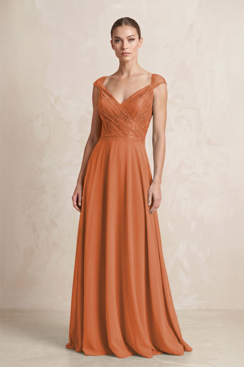 A - Line Chiffon V - Neck Pleated Bridesmaid Dress with Cap Sleeves in Terracotta - KissProm Bridesmaid Dresses