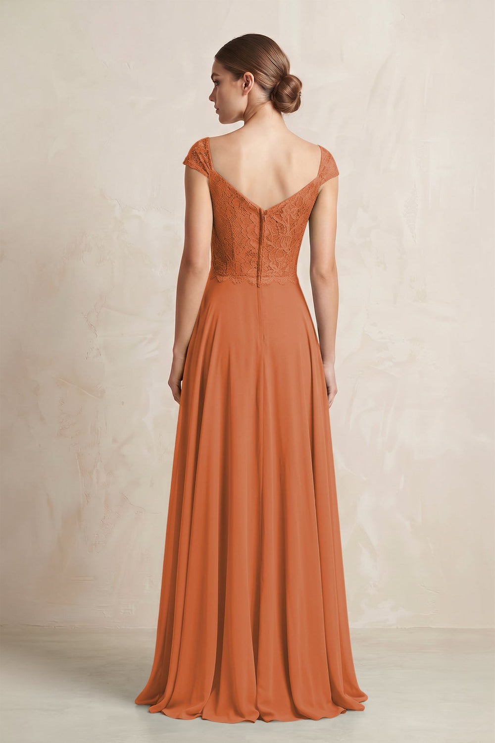 A - Line Chiffon V - Neck Pleated Bridesmaid Dress with Cap Sleeves in Terracotta - KissProm Bridesmaid Dresses