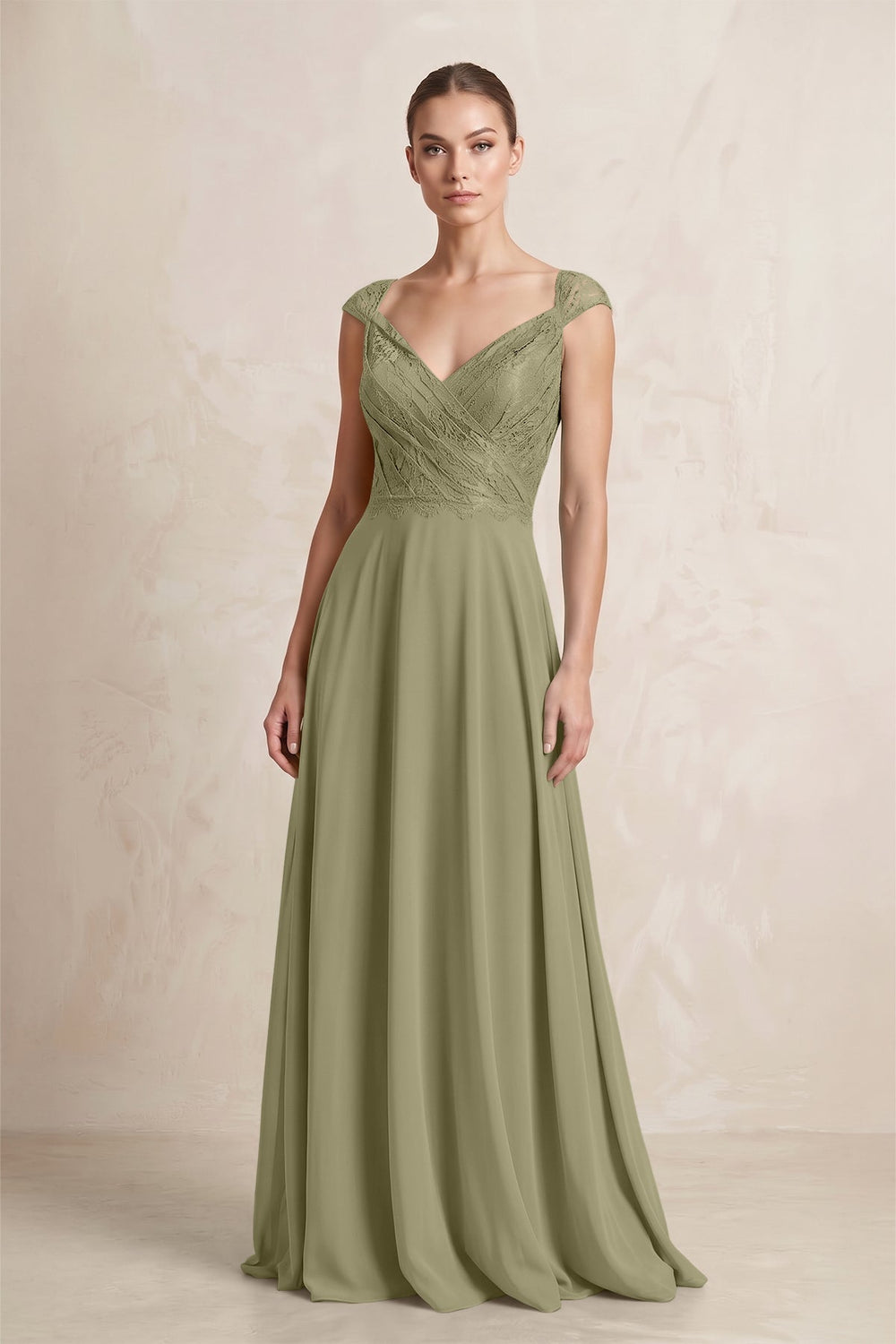 A - Line Chiffon V - Neck Pleated Bridesmaid Dress with Cap Sleeves in Thyme - KissProm Bridesmaid Dresses