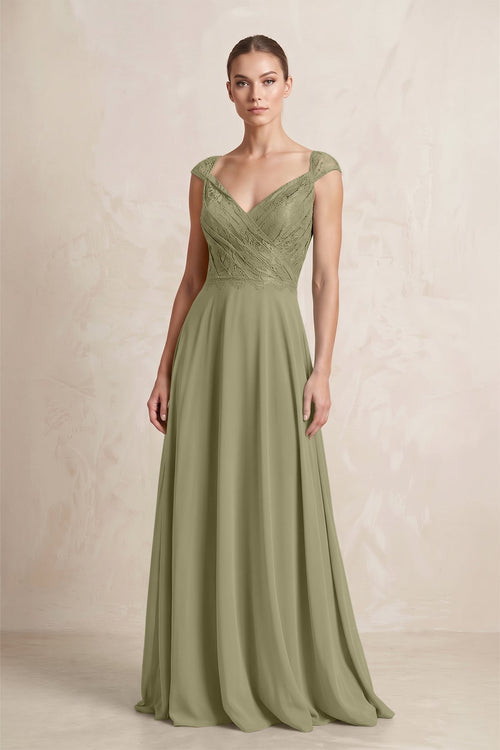 A - Line Chiffon V - Neck Pleated Bridesmaid Dress with Cap Sleeves in Thyme - KissProm Bridesmaid Dresses