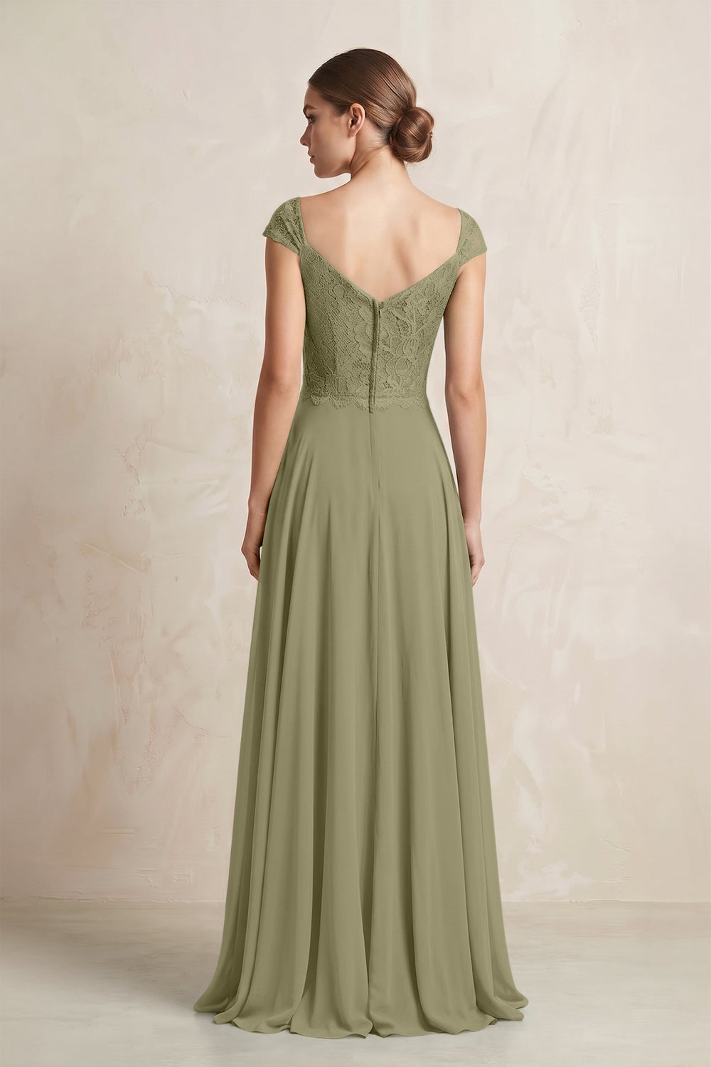 A - Line Chiffon V - Neck Pleated Bridesmaid Dress with Cap Sleeves in Thyme - KissProm Bridesmaid Dresses