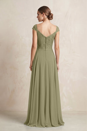 A - Line Chiffon V - Neck Pleated Bridesmaid Dress with Cap Sleeves in Thyme - KissProm Bridesmaid Dresses
