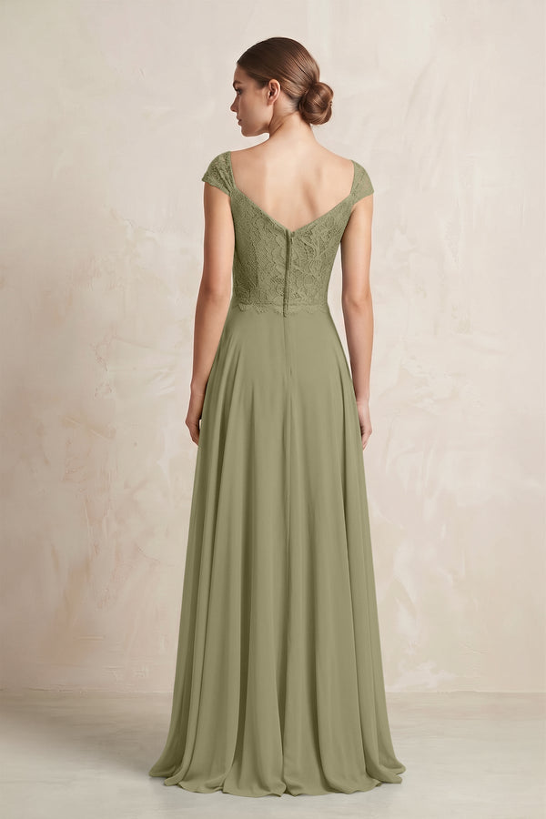 A - Line Chiffon V - Neck Pleated Bridesmaid Dress with Cap Sleeves in Thyme - KissProm Bridesmaid Dresses