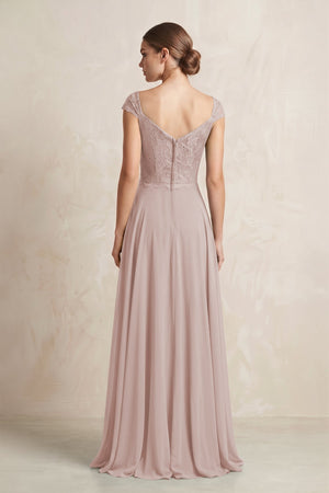 A - Line Chiffon V - Neck Pleated Bridesmaid Dress with Cap Sleeves in Toffee - KissProm Bridesmaid Dresses