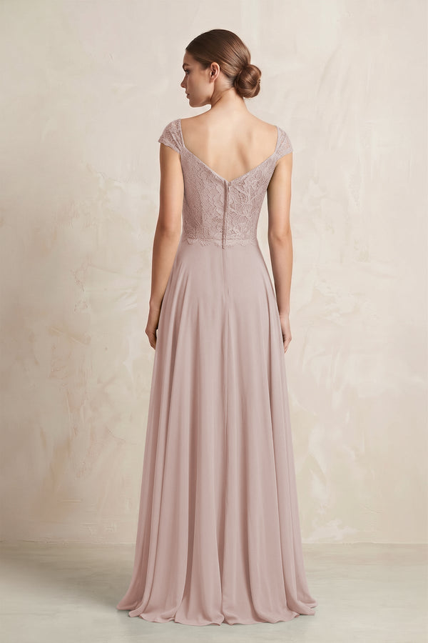A - Line Chiffon V - Neck Pleated Bridesmaid Dress with Cap Sleeves in Toffee - KissProm Bridesmaid Dresses