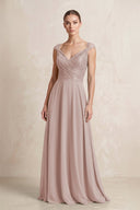 A - Line Chiffon V - Neck Pleated Bridesmaid Dress with Cap Sleeves in Toffee - KissProm Bridesmaid Dresses