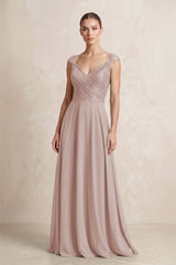 A - Line Chiffon V - Neck Pleated Bridesmaid Dress with Cap Sleeves in Toffee - KissProm Bridesmaid Dresses