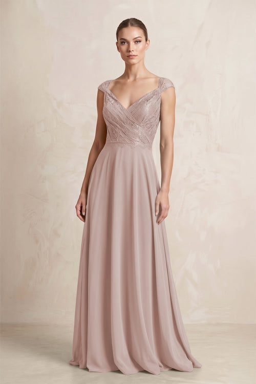 A - Line Chiffon V - Neck Pleated Bridesmaid Dress with Cap Sleeves in Toffee - KissProm Bridesmaid Dresses