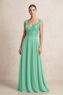 A - Line Chiffon V - Neck Pleated Bridesmaid Dress with Cap Sleeves in Turquoise - KissProm Bridesmaid Dresses