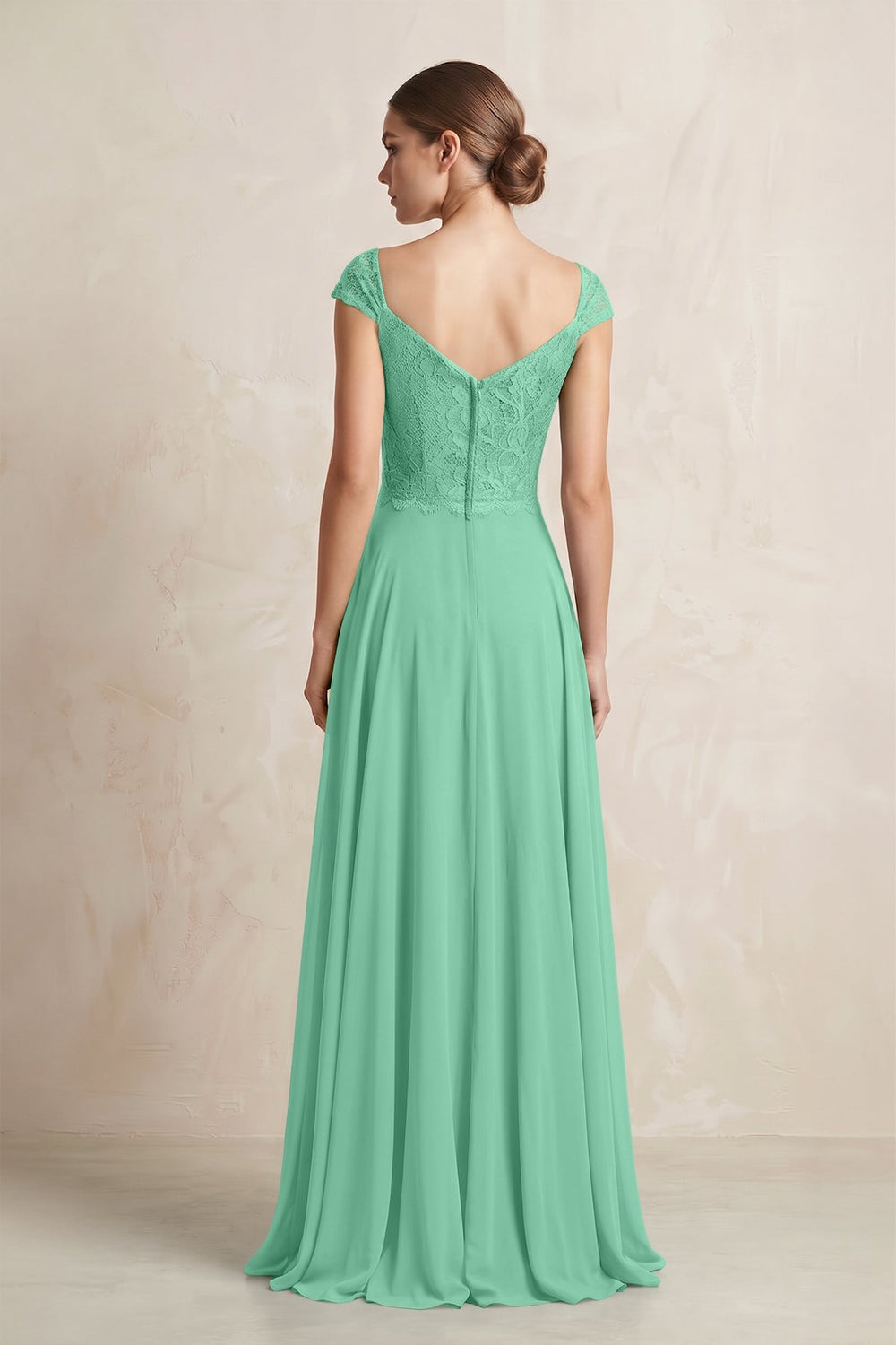 A - Line Chiffon V - Neck Pleated Bridesmaid Dress with Cap Sleeves in Turquoise - KissProm Bridesmaid Dresses