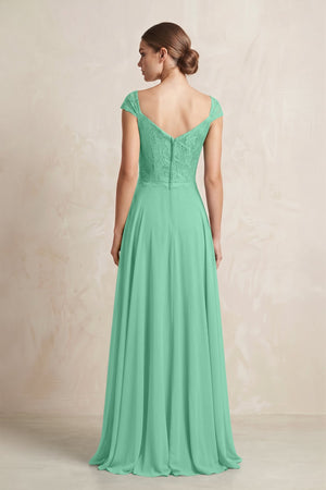 A - Line Chiffon V - Neck Pleated Bridesmaid Dress with Cap Sleeves in Turquoise - KissProm Bridesmaid Dresses