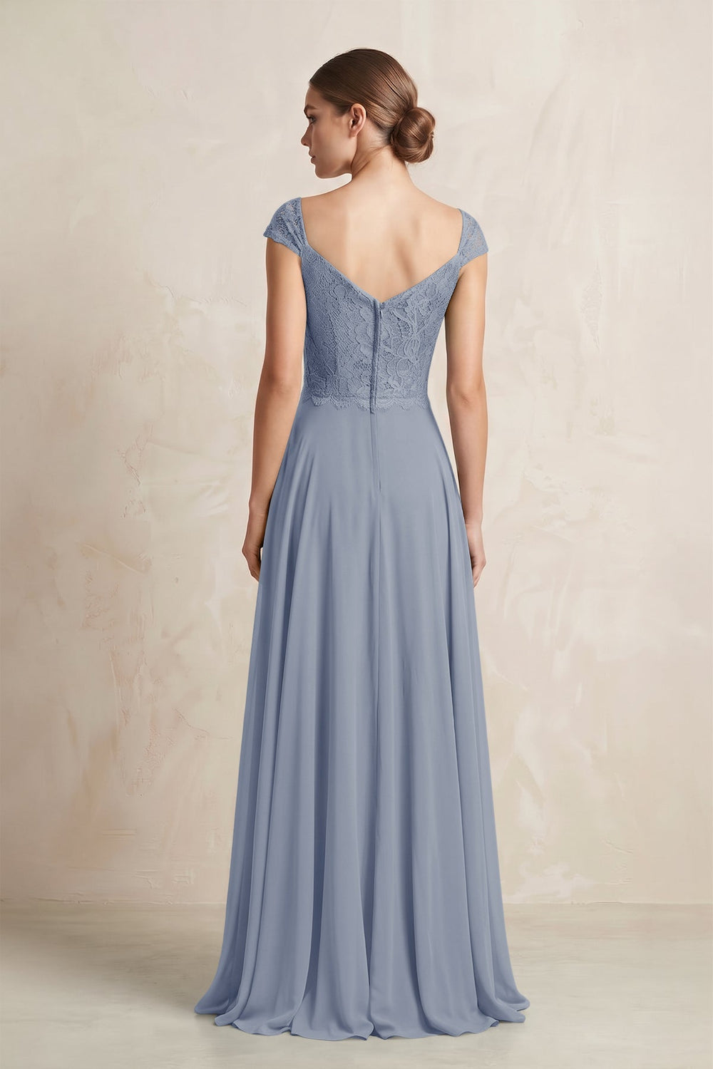 A - Line Chiffon V - Neck Pleated Bridesmaid Dress with Cap Sleeves in Twilight - KissProm Bridesmaid Dresses