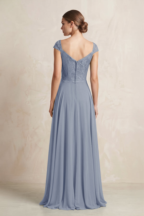 A - Line Chiffon V - Neck Pleated Bridesmaid Dress with Cap Sleeves in Twilight - KissProm Bridesmaid Dresses