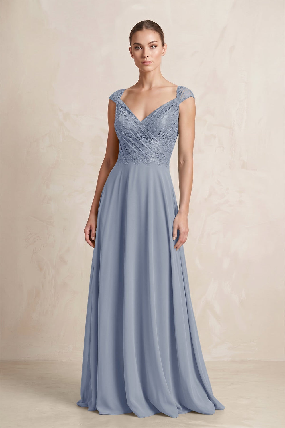A - Line Chiffon V - Neck Pleated Bridesmaid Dress with Cap Sleeves in Twilight - KissProm Bridesmaid Dresses