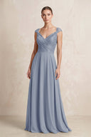 A - Line Chiffon V - Neck Pleated Bridesmaid Dress with Cap Sleeves in Twilight - KissProm Bridesmaid Dresses