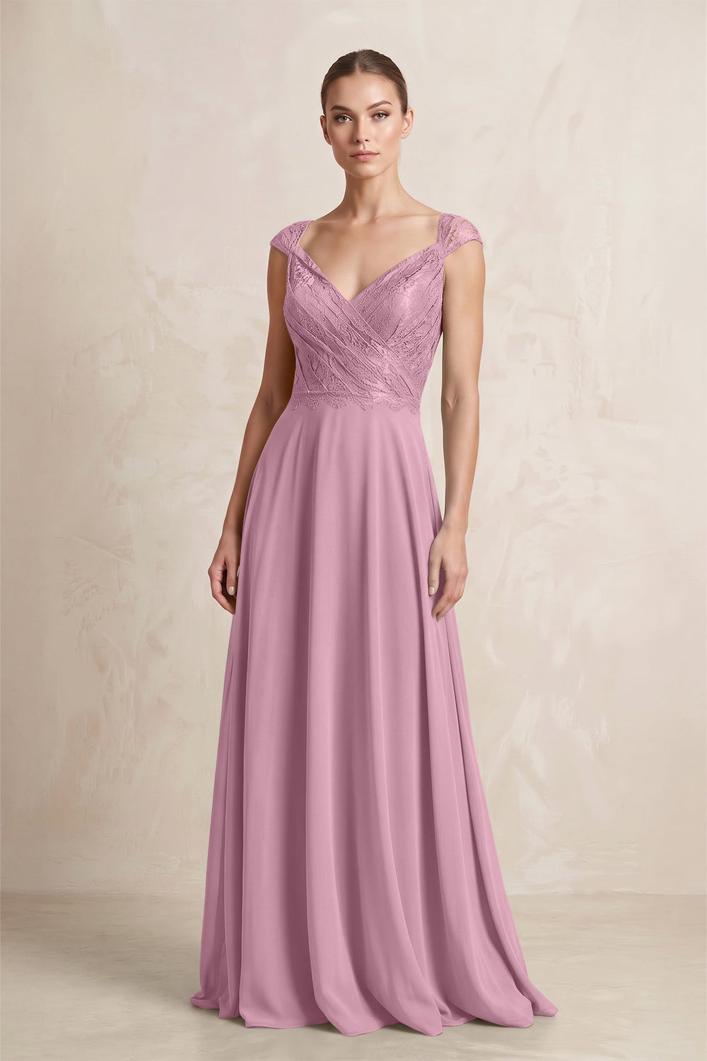 A - Line Chiffon V - Neck Pleated Bridesmaid Dress with Cap Sleeves in Vintage Mauve - KissProm Bridesmaid Dresses