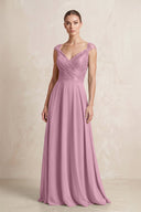 A - Line Chiffon V - Neck Pleated Bridesmaid Dress with Cap Sleeves in Vintage Mauve - KissProm Bridesmaid Dresses