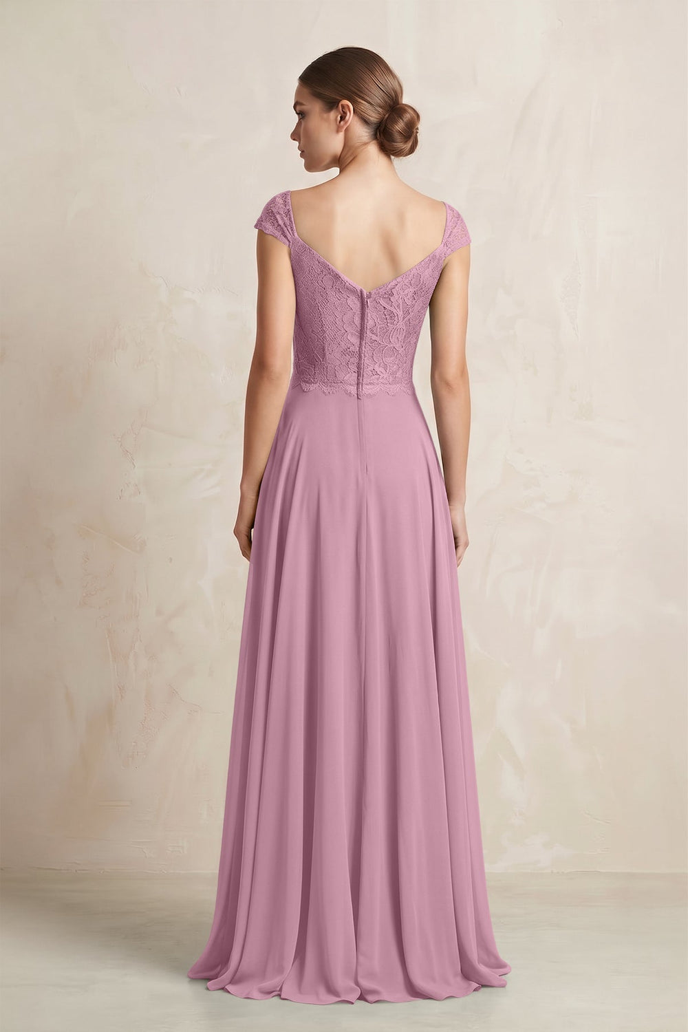 A - Line Chiffon V - Neck Pleated Bridesmaid Dress with Cap Sleeves in Vintage Mauve - KissProm Bridesmaid Dresses