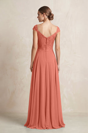 A - Line Chiffon V - Neck Pleated Bridesmaid Dress with Cap Sleeves in Wild Rose - KissProm Bridesmaid Dresses