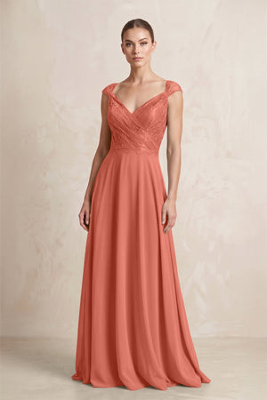 A - Line Chiffon V - Neck Pleated Bridesmaid Dress with Cap Sleeves in Wild Rose - KissProm Bridesmaid Dresses