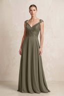 A - Line Chiffon V - Neck Pleated Bridesmaid Dress with Cap Sleeves in Willow Green - KissProm Bridesmaid Dresses