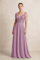 A - Line Chiffon V - Neck Pleated Bridesmaid Dress with Cap Sleeves in Wisteria - KissProm Bridesmaid Dresses