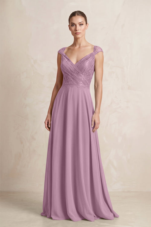 A - Line Chiffon V - Neck Pleated Bridesmaid Dress with Cap Sleeves in Wisteria - KissProm Bridesmaid Dresses