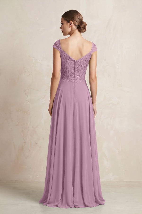 KissProm | A-Line Chiffon V-Neck Pleated Bridesmaid Dress with Cap Sleeves in Wisteria KissProm | A-Line Chiffon V-Neck Pleated Bridesmaid Dress with Cap Sleeves in Wisteria