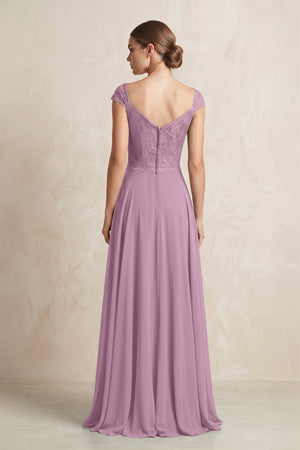 A - Line Chiffon V - Neck Pleated Bridesmaid Dress with Cap Sleeves in Wisteria - KissProm Bridesmaid Dresses