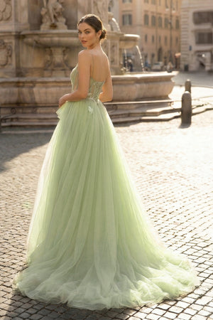 KissProm-  A Line Corset Back Sage Green Tulle Long Dresses
