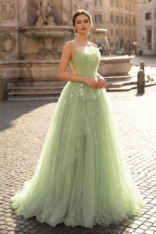 KissProm-  A Line Corset Back Sage Green Tulle Long Dresses