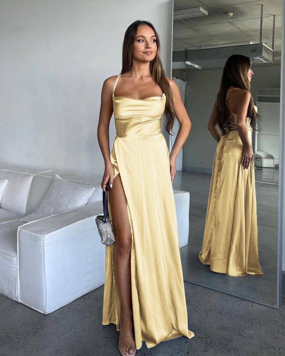 A Line Cowl Neck Blue Silk Satin Bridesmaid Dresses with Slit, Yellow / 14 A Line Cowl Neck Blue Silk Satin Bridesmaid Dresses with Slit, Yellow / 14