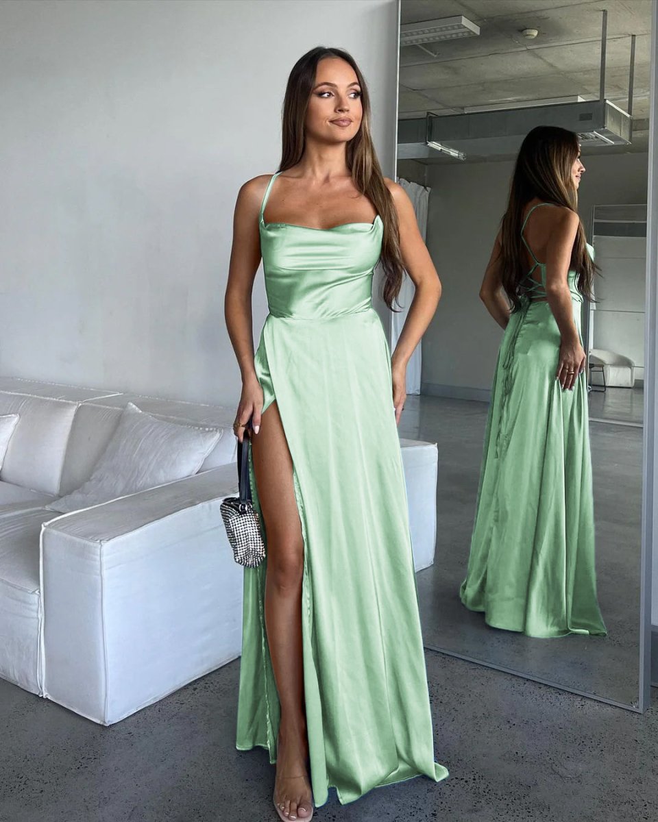 A Line Cowl Neck Blue Silk Satin Bridesmaid Dresses with Slit