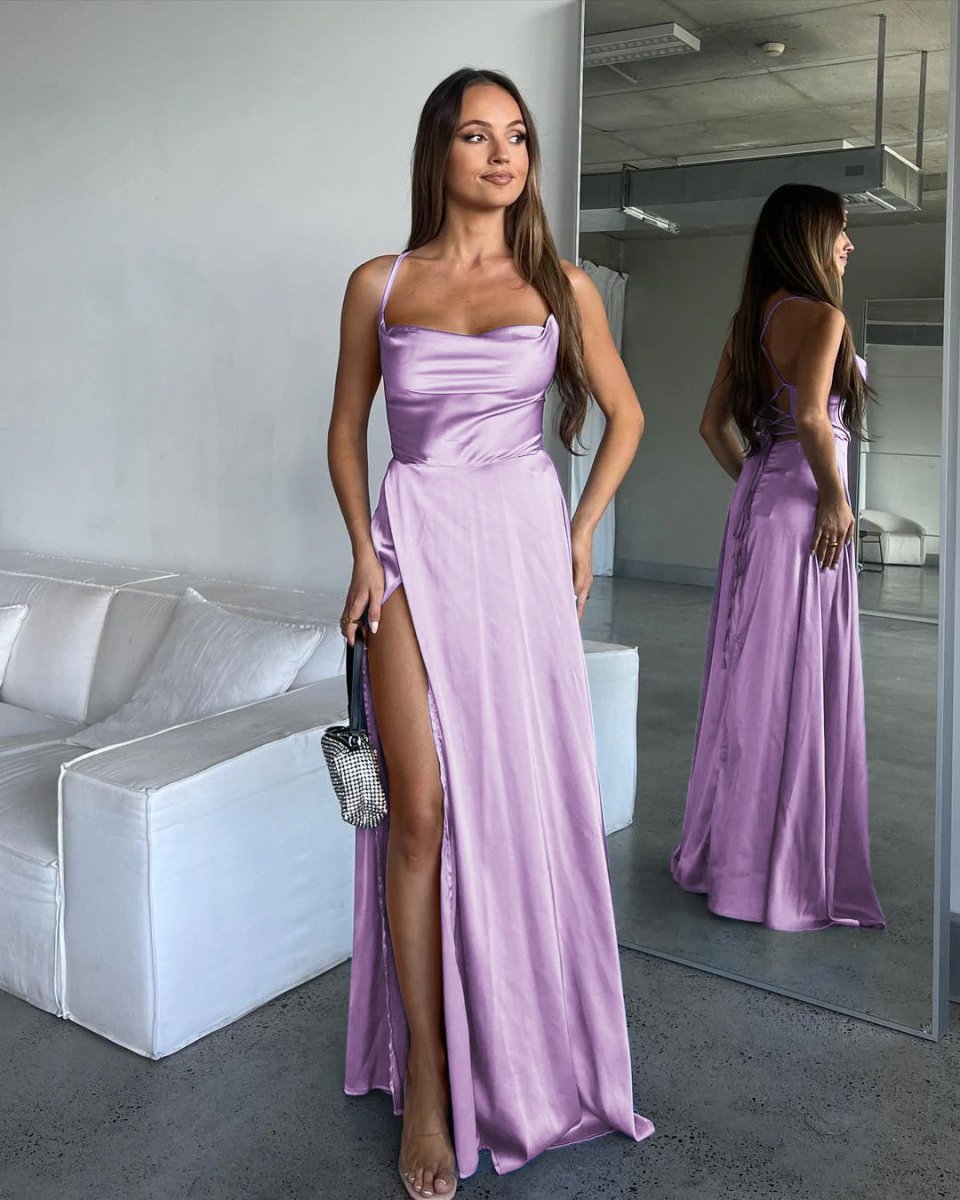A Line Cowl Neck Blue Silk Satin Bridesmaid Dresses with Slit, Lavender / 14 A Line Cowl Neck Blue Silk Satin Bridesmaid Dresses with Slit, Lavender / 14