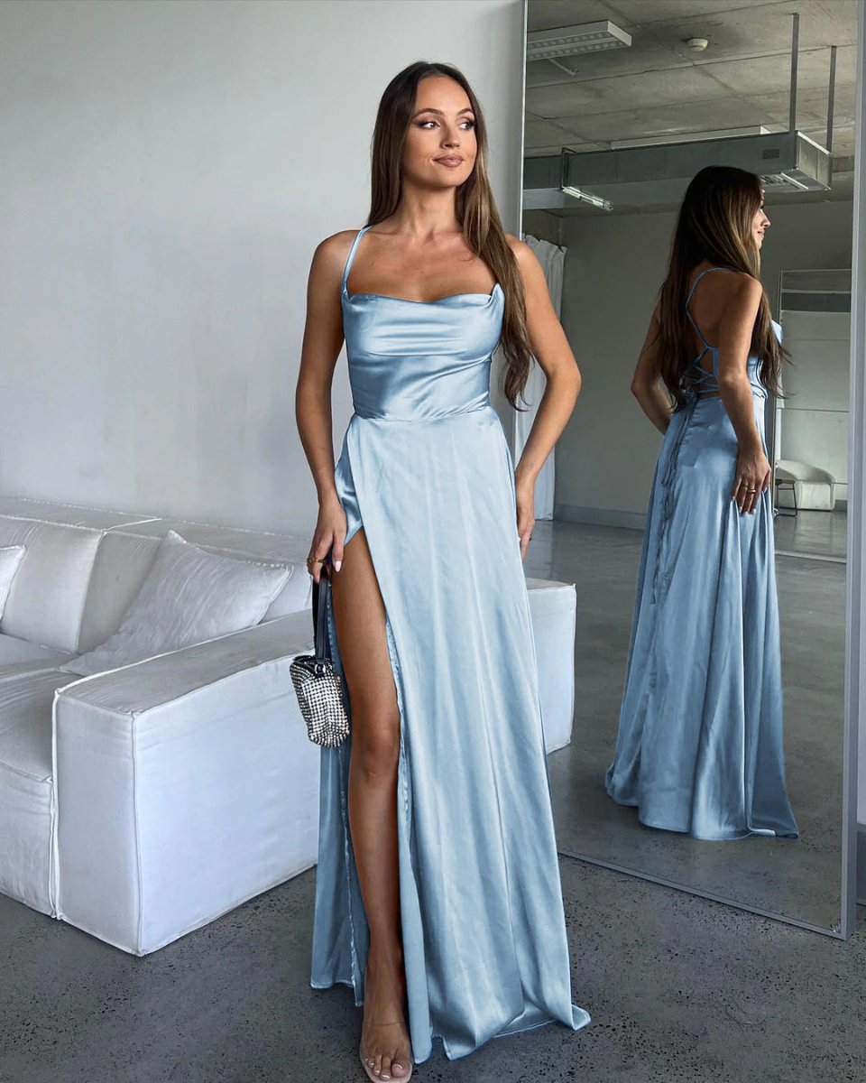 A Line Cowl Neck Blue Silk Satin Bridesmaid Dresses with Slit A Line Cowl Neck Blue Silk Satin Bridesmaid Dresses with Slit