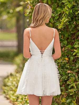 White A-Line Deep V Neck Ruched Short Homecoming Dress - KISSPROM