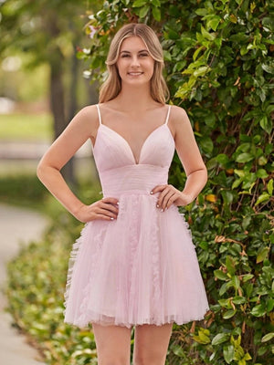Pink A-Line Deep V Neck Ruched Short Homecoming Dress - KISSPROM
