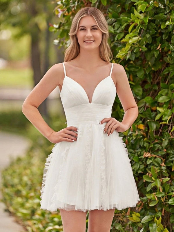 White A-Line Deep V Neck Ruched Short Homecoming Dress - KISSPROM