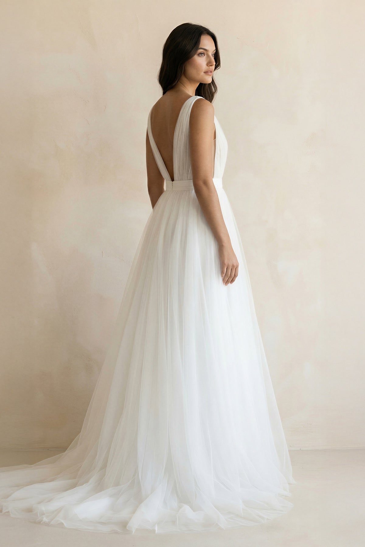 underwear for a backless dress A-Line Deep V-neck Sleeveless Sweep Train Tulle Beach Wedding Dresses, Diamond White / 22