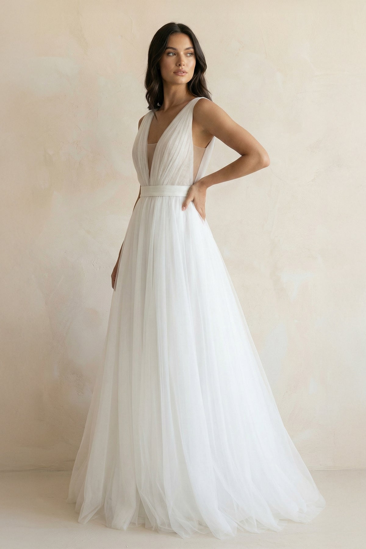 a line wedding dress with plunging v neck BABARONI Plunging V-Neck Lace Sweep Train Bridal Gown Ivory, Ivory / US0 main image 1