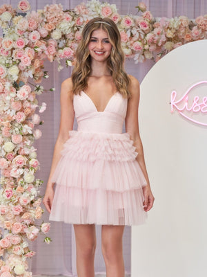 A-Line Deep V Neck Tiered Short Homecoming Dress - KissProm