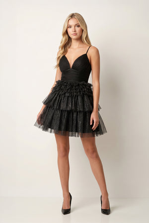 A-Line Deep V Neck Tiered Short Homecoming Dress - KissProm