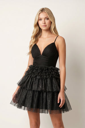 A-Line Deep V Neck Tiered Short Homecoming Dress - KissProm