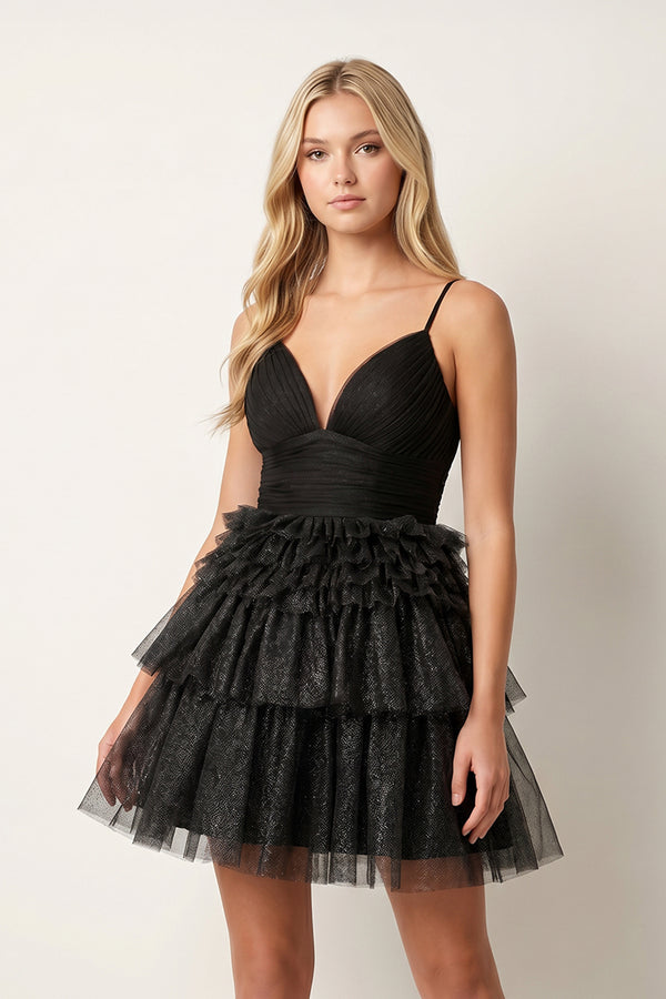 A-Line Deep V Neck Tiered Short Homecoming Dress - KissProm