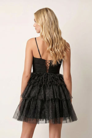 A-Line Deep V Neck Tiered Short Homecoming Dress - KissProm