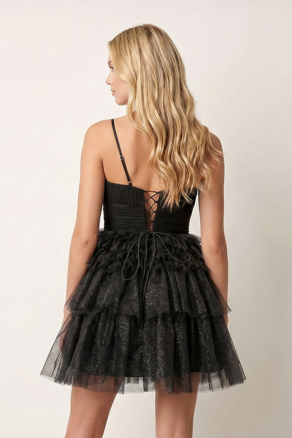 A-Line Deep V Neck Tiered Short Homecoming Dress - KissProm