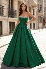 A-Line Emerald Beaded Sweetheart Satin Long Formal Dress | KISSPROM