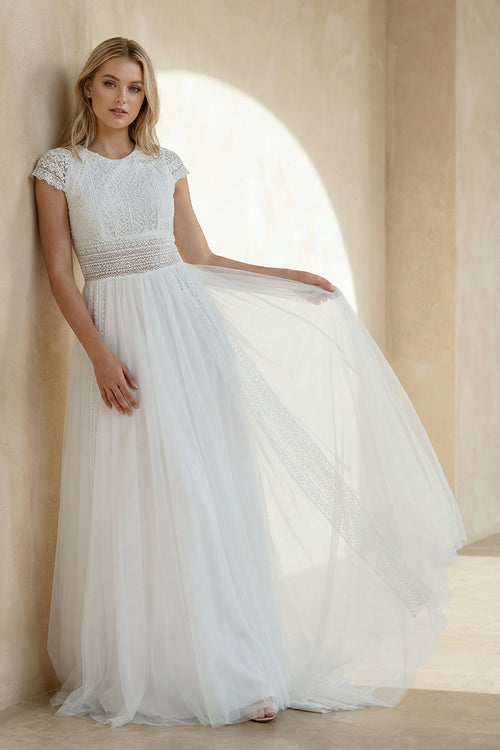 A-Line Exquisite Lace Appliqued Cap Sleeves Wedding Dress