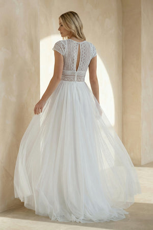 A-Line Exquisite Lace Appliqued Cap Sleeves Wedding Dress